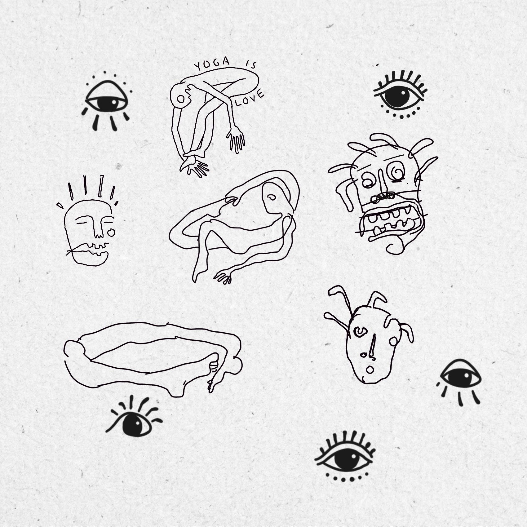 Collection of black line drawings on a textured white background, including yoga poses, unusual faces and eyes.