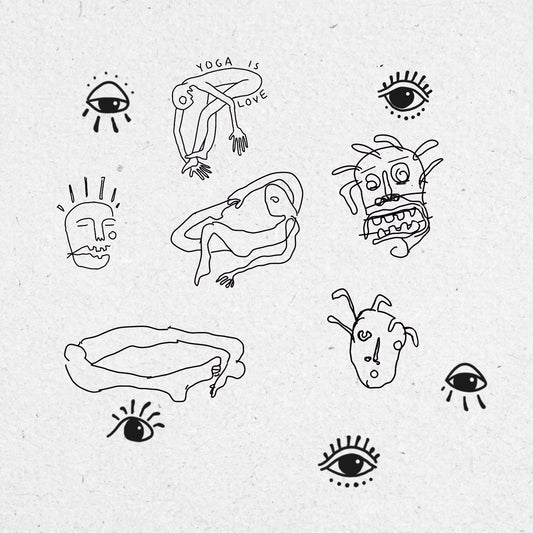 Collection of black line drawings on a textured white background, including yoga poses, unusual faces and eyes.