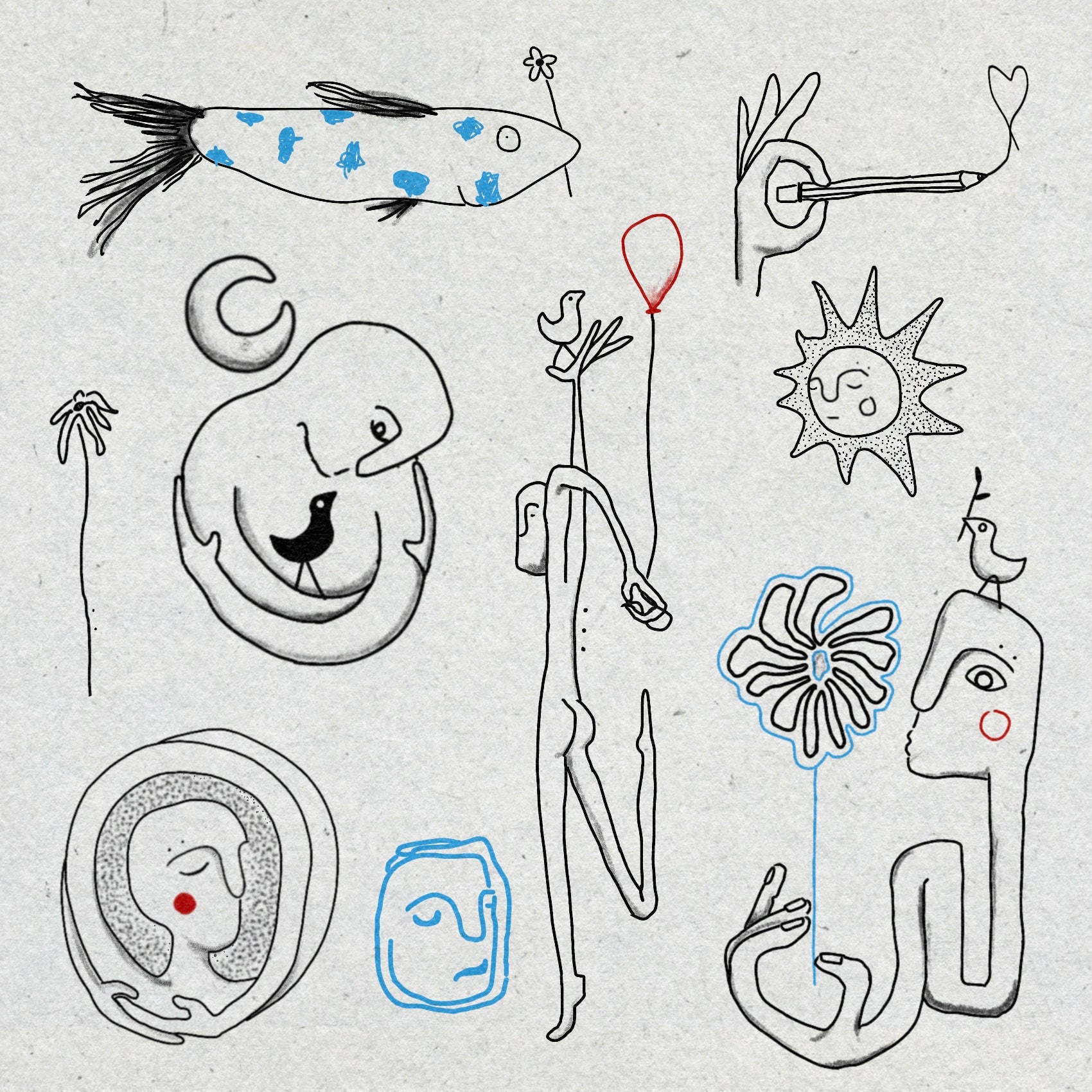 Collection of positive tattoo drawings on a textured white background, including suns, a fish with blue spots, a figure holding a bird and red ballon, a figure holding a blue flower with a small bird on their head and figures hugging themselves. 