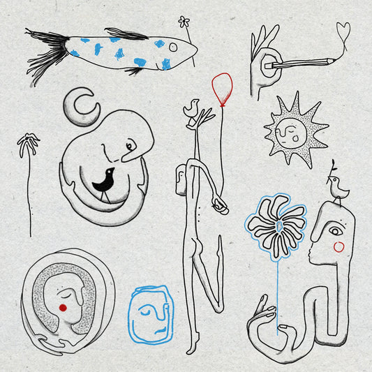 Collection of positive tattoo drawings on a textured white background, including suns, a fish with blue spots, a figure holding a bird and red ballon, a figure holding a blue flower with a small bird on their head and figures hugging themselves. 