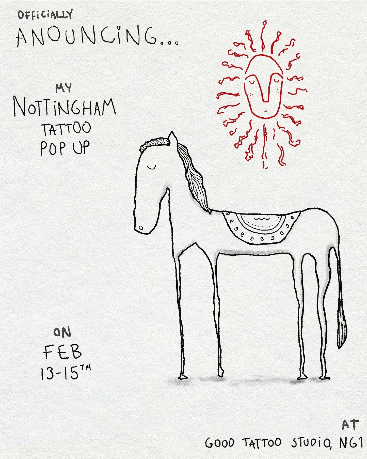 Tattoo flash of a folk style horse under a red sunshine by Eli inking advertising his nottinham tattoo appearance 