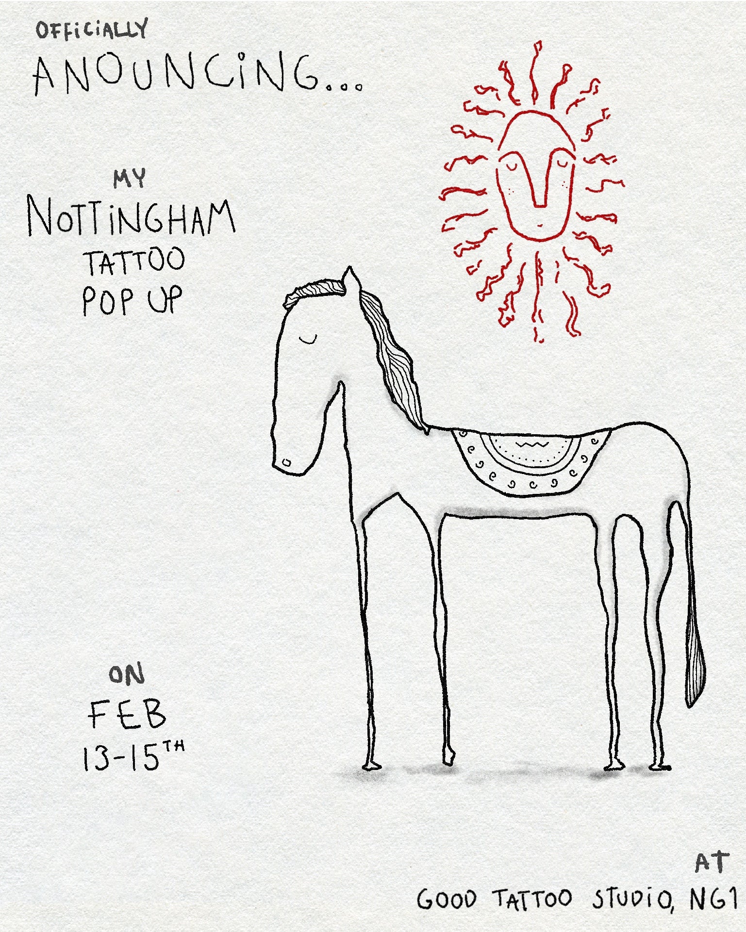 Tattoo flash of a folk style horse under a red sunshine by Eli inking advertising his nottinham tattoo appearance 