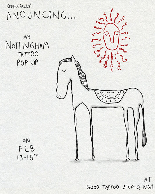 Tattoo flash of a folk style horse under a red sunshine by Eli inking advertising his nottinham tattoo appearance 