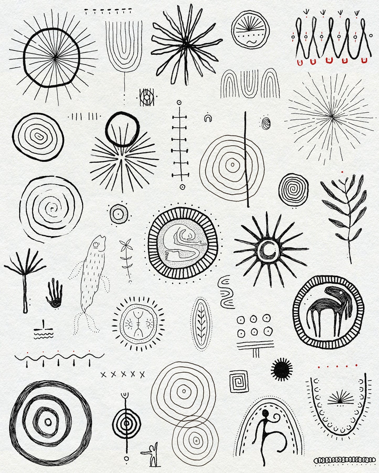 Symbols, runes, motifs and concentric circles
