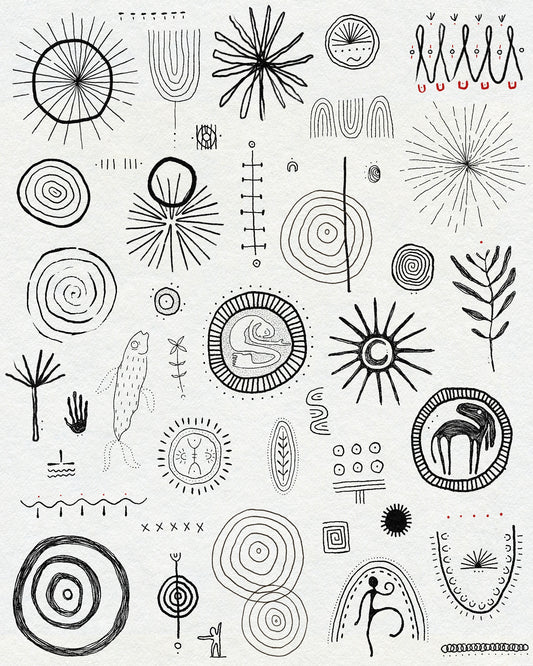 Symbols, runes, motifs and concentric circles