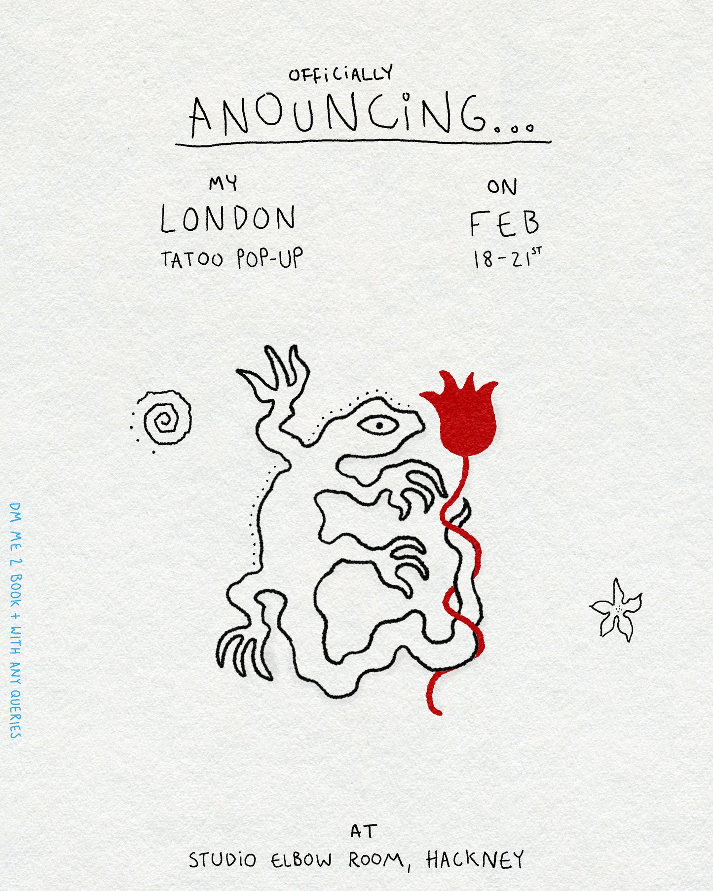 London tattoo poster featuring linework lizard gecko and red flower design with flower and spiral