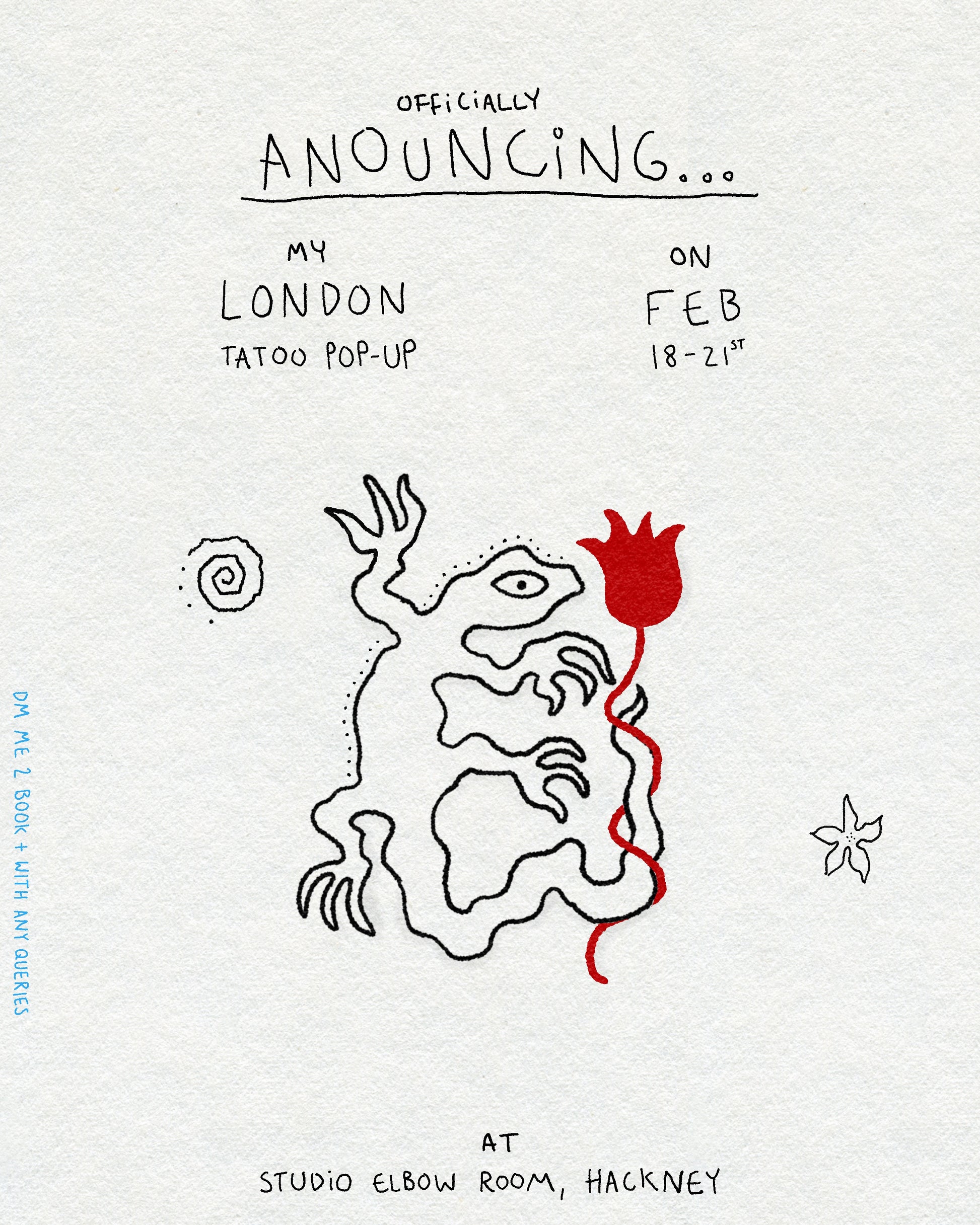 London tattoo poster featuring linework lizard gecko and red flower design with flower and spiral