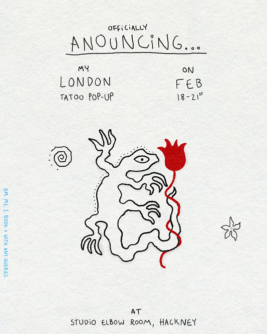 London tattoo poster featuring linework lizard gecko and red flower design with flower and spiral