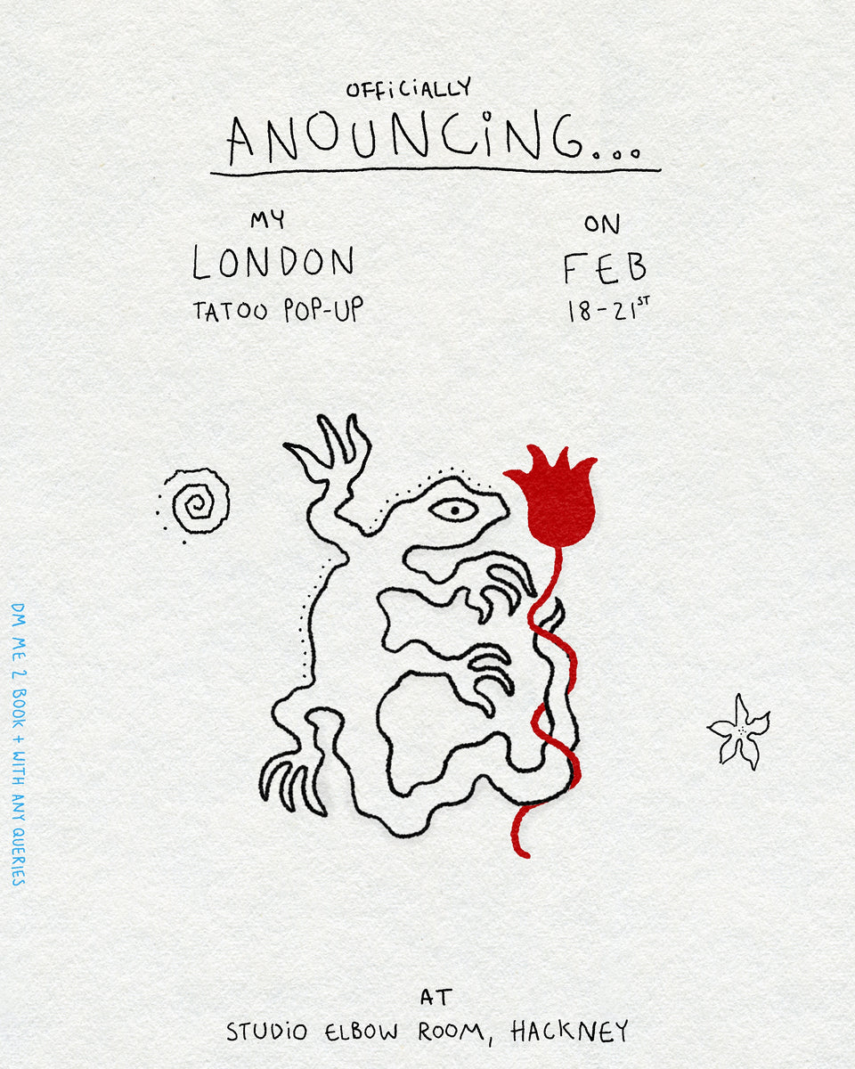 London tattoo poster featuring linework lizard gecko and red flower design with flower and spiral