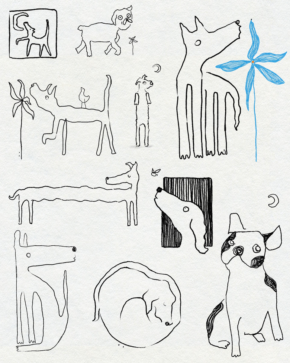 Sheet of line drawn dog tattoo designs including a sleeping dog, sausage dog and French bulldog, by Eli Inking