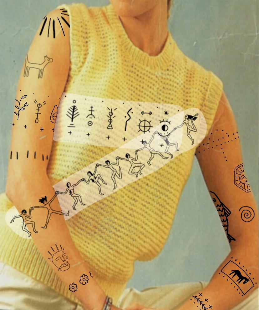 Placement examples for tattoos by Eli inking including a forearm wrap around of people dancing, abstract symbol tattoos on the upper arm, an abstract sunshine on the shoulder, flower tattoos on the wrist and other ignorant style flash