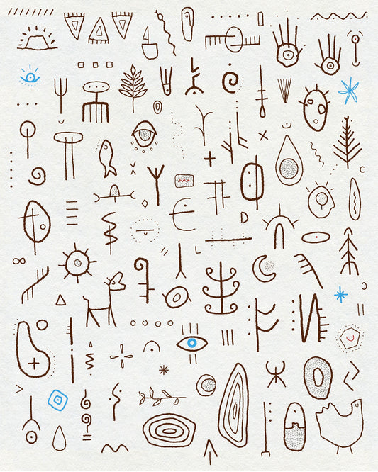 Multiple small abstract paleolithic cave painting inspired symbols and motifs tattoo flash by Eli Inking