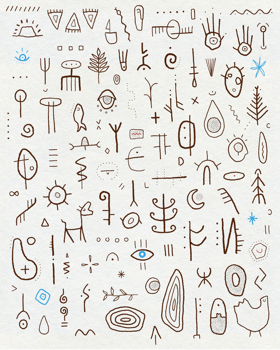 Multiple small abstract paleolithic cave painting inspired symbols and motifs tattoo flash by Eli Inking