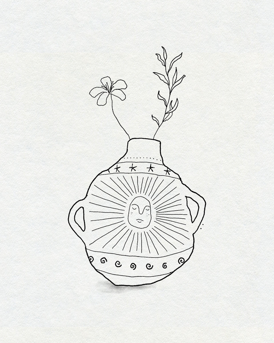 Vase with a sun face holding a flower and trailing vine, line drawing vase tattoo design by Eli Inking