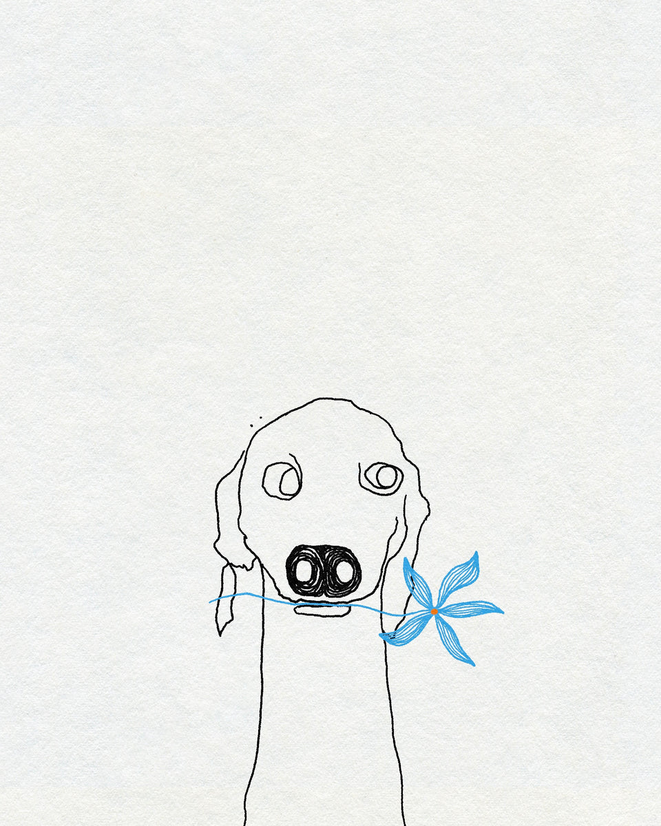 Line drawing of a whippet holding a blue flower in its mouth, tattoo design by Eli Inking