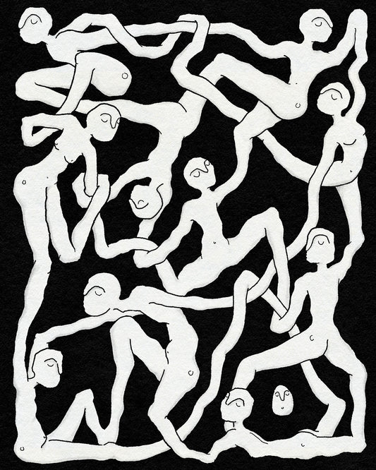 Weird spiritual tattoo flash design of fluid people connected by Eli inking