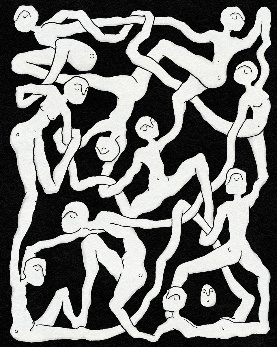 Weird spiritual tattoo flash design of fluid people connected by Eli inking