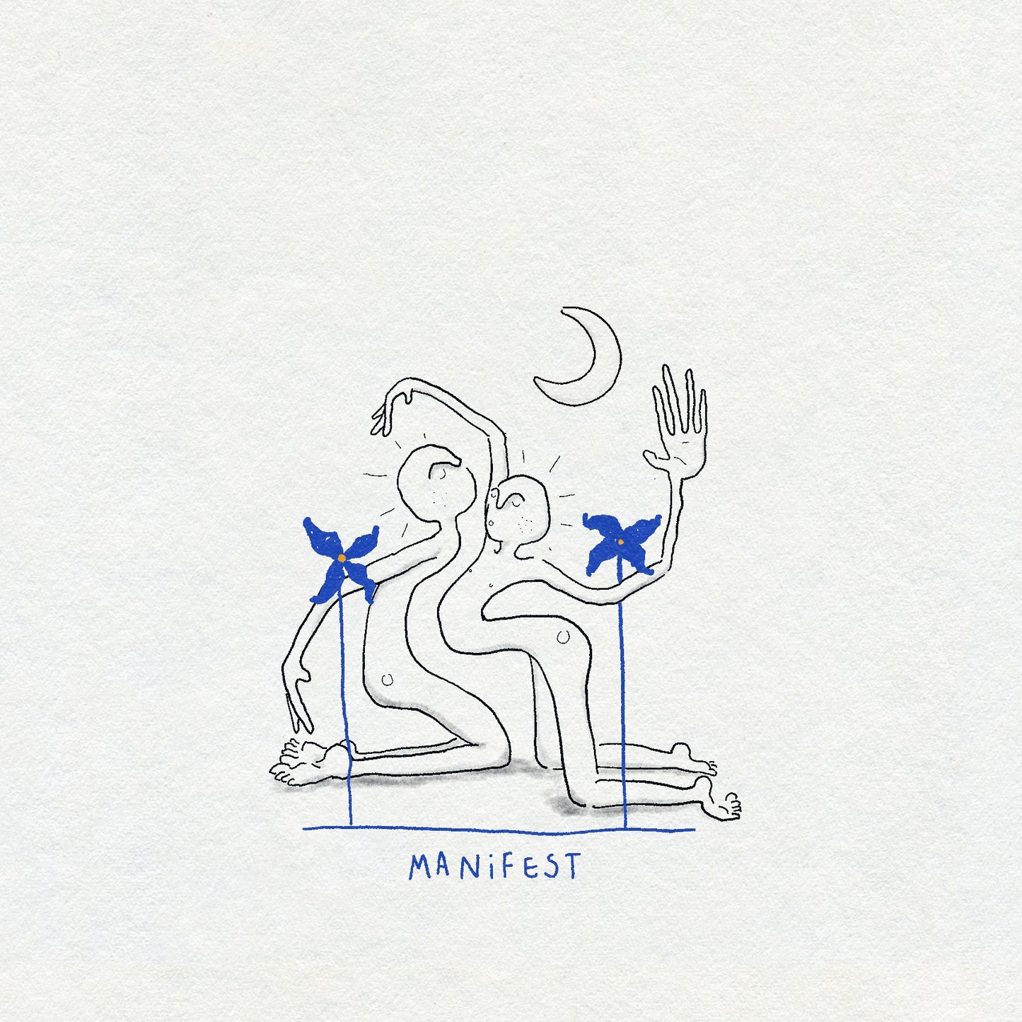 Illustration of two people in a yoga pose with 'MANIFEST' text on a light gray background. There is a crescent moon above them and two blue flowers growing next to them.
