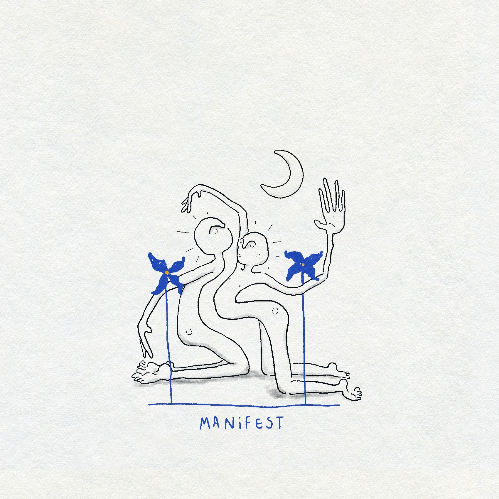 Illustration of two people in a yoga pose with 'MANIFEST' text on a light gray background. There is a crescent moon above them and two blue flowers growing next to them.