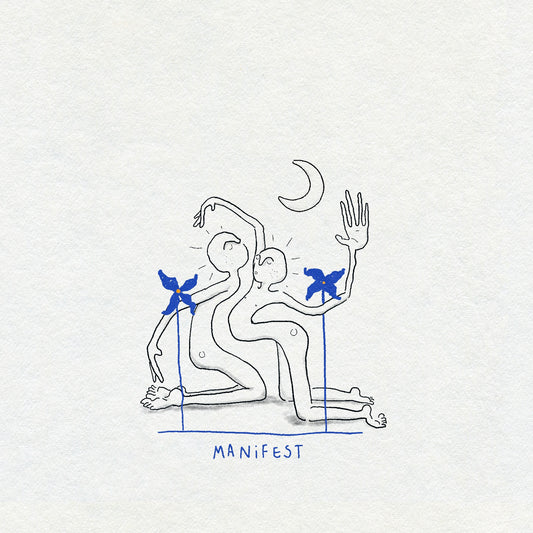 Illustration of two people in a yoga pose with 'MANIFEST' text on a light gray background. There is a crescent moon above them and two blue flowers growing next to them.