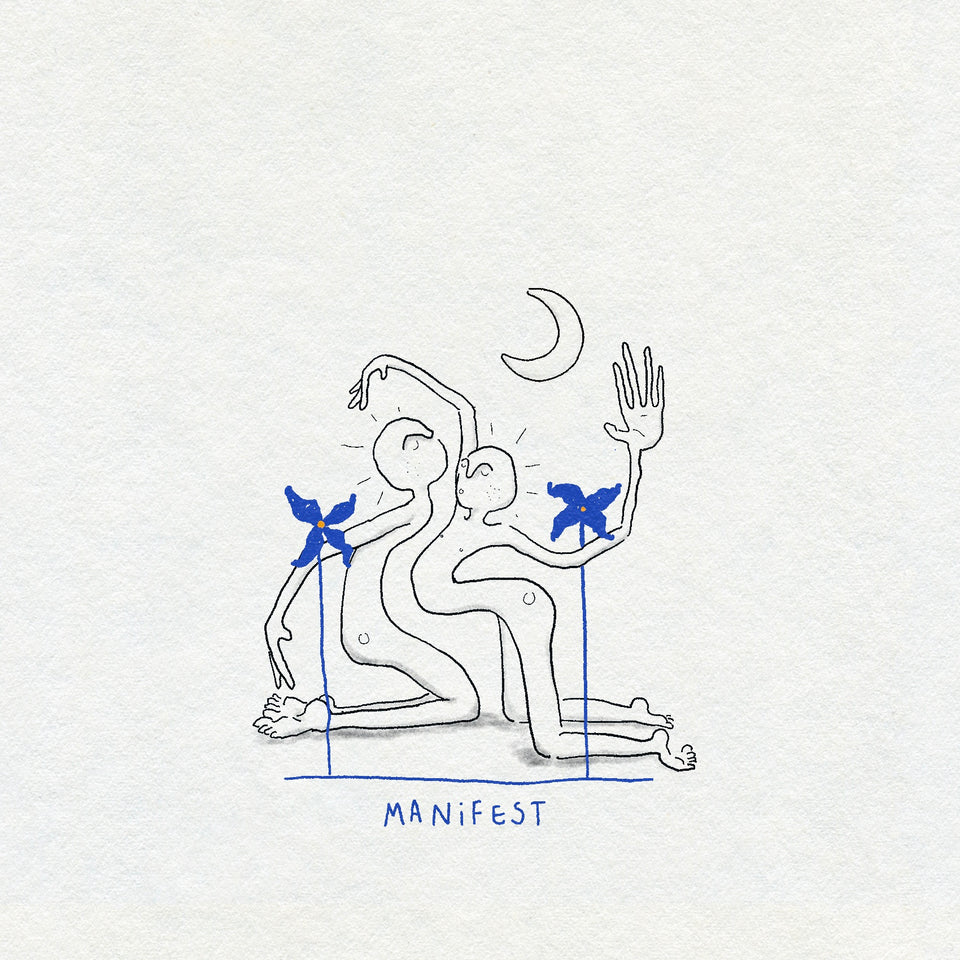 Illustration of two people in a yoga pose with 'MANIFEST' text on a light gray background. There is a crescent moon above them and two blue flowers growing next to them.