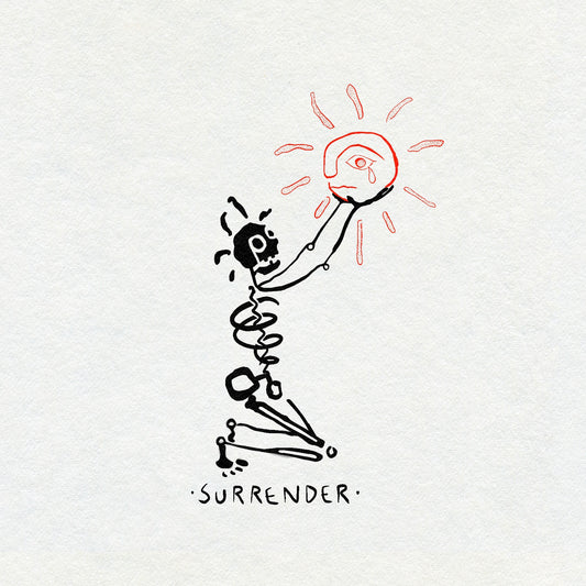 Bold illustration in black ink with a skeleton kneeling and holding a red crying sun on a light gray background with the word SURRENDER underneath