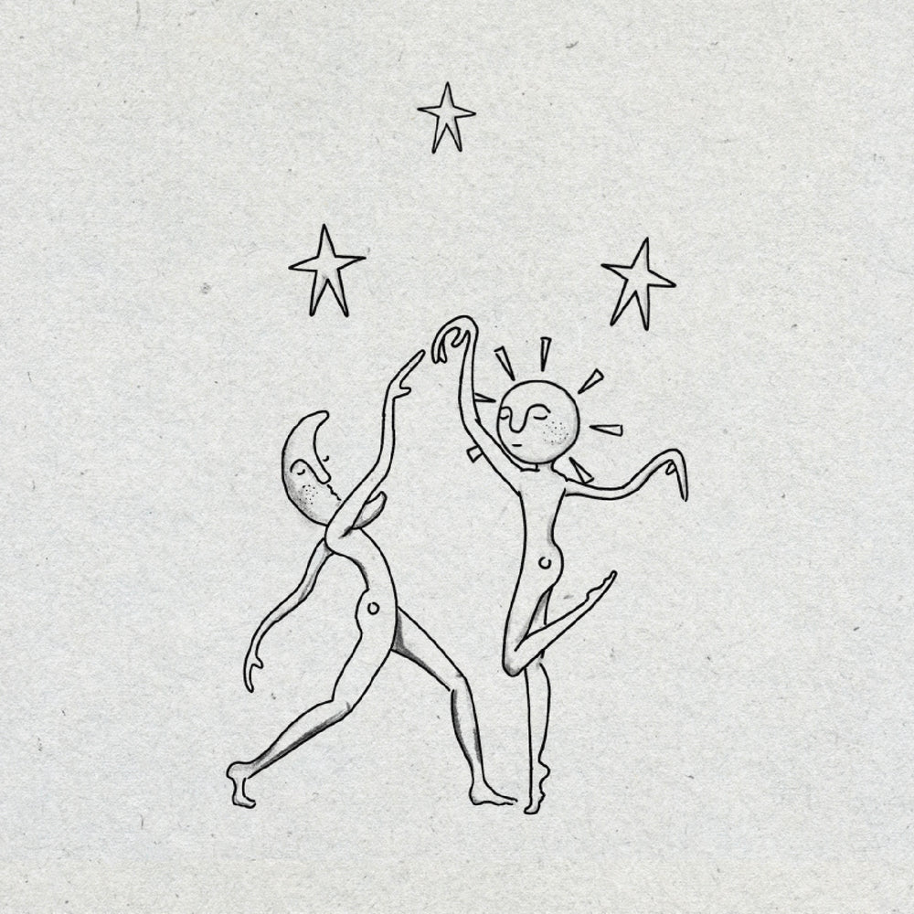 Two celestial figures dancing, one with a moon for a head and the other with a sun, with stars above them on a textured light gray background