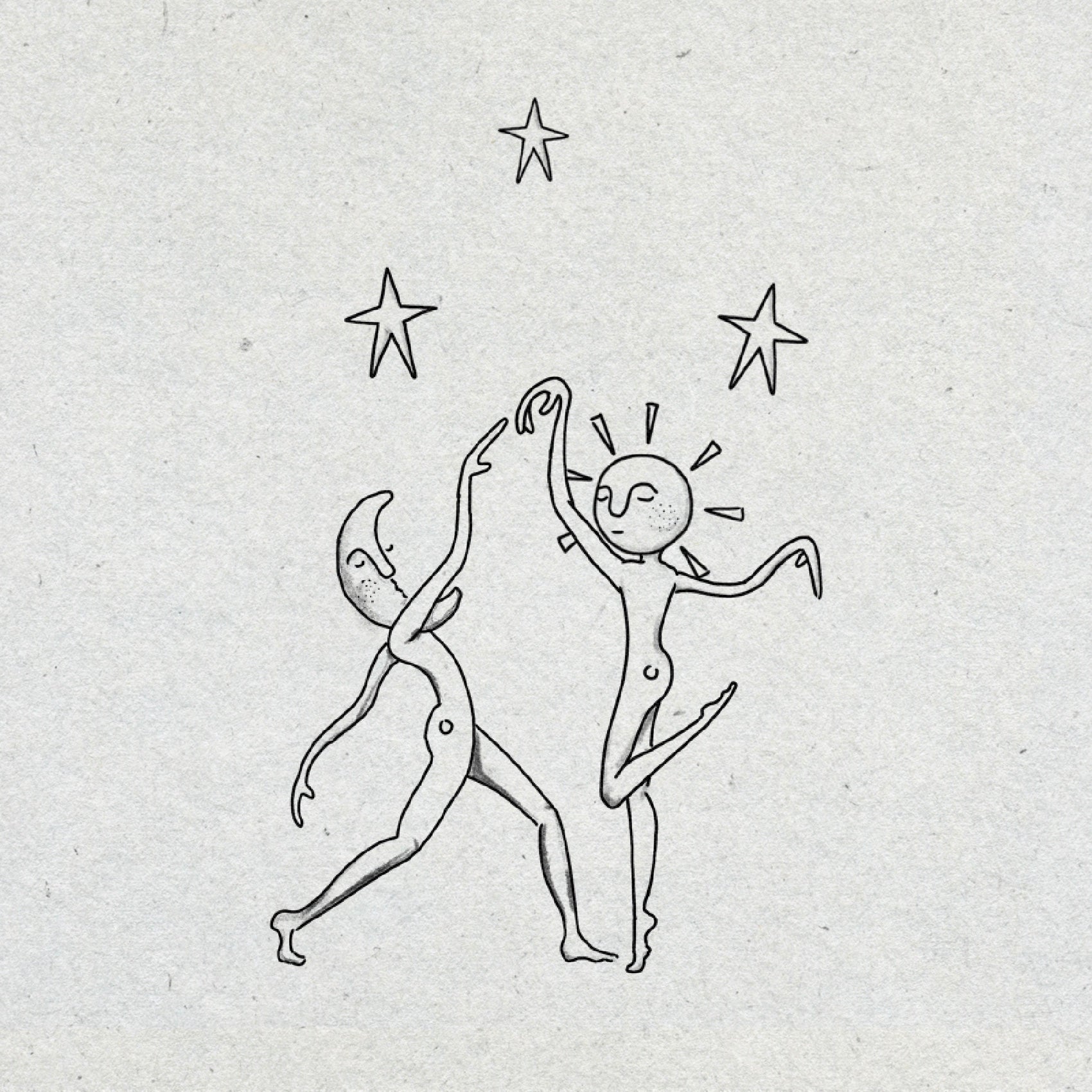 Two celestial figures dancing, one with a moon for a head and the other with a sun, with stars above them on a textured light gray background