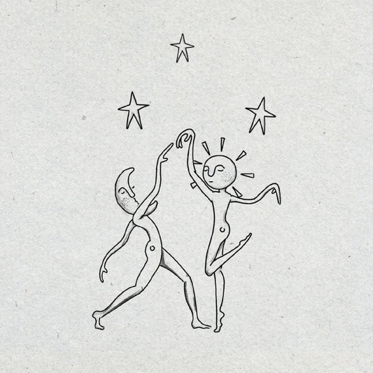 Two celestial figures dancing, one with a moon for a head and the other with a sun, with stars above them on a textured light gray background
