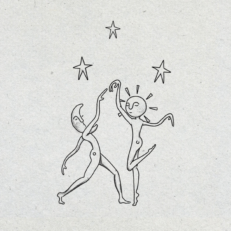 Two celestial figures dancing, one with a moon for a head and the other with a sun, with stars above them on a textured light gray background