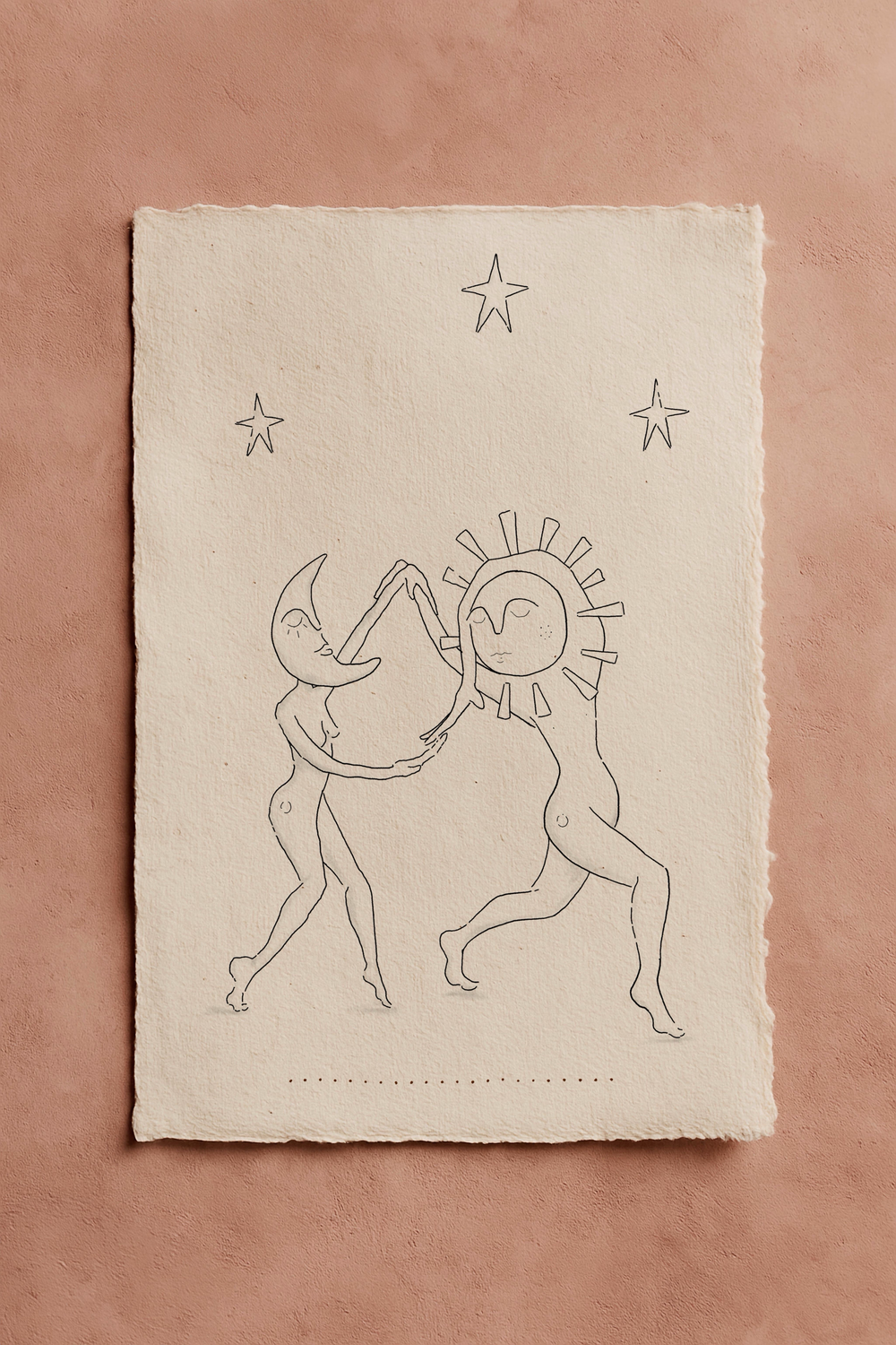 Fineline illustration of sun and moon figures dancing under stars on textured paper 