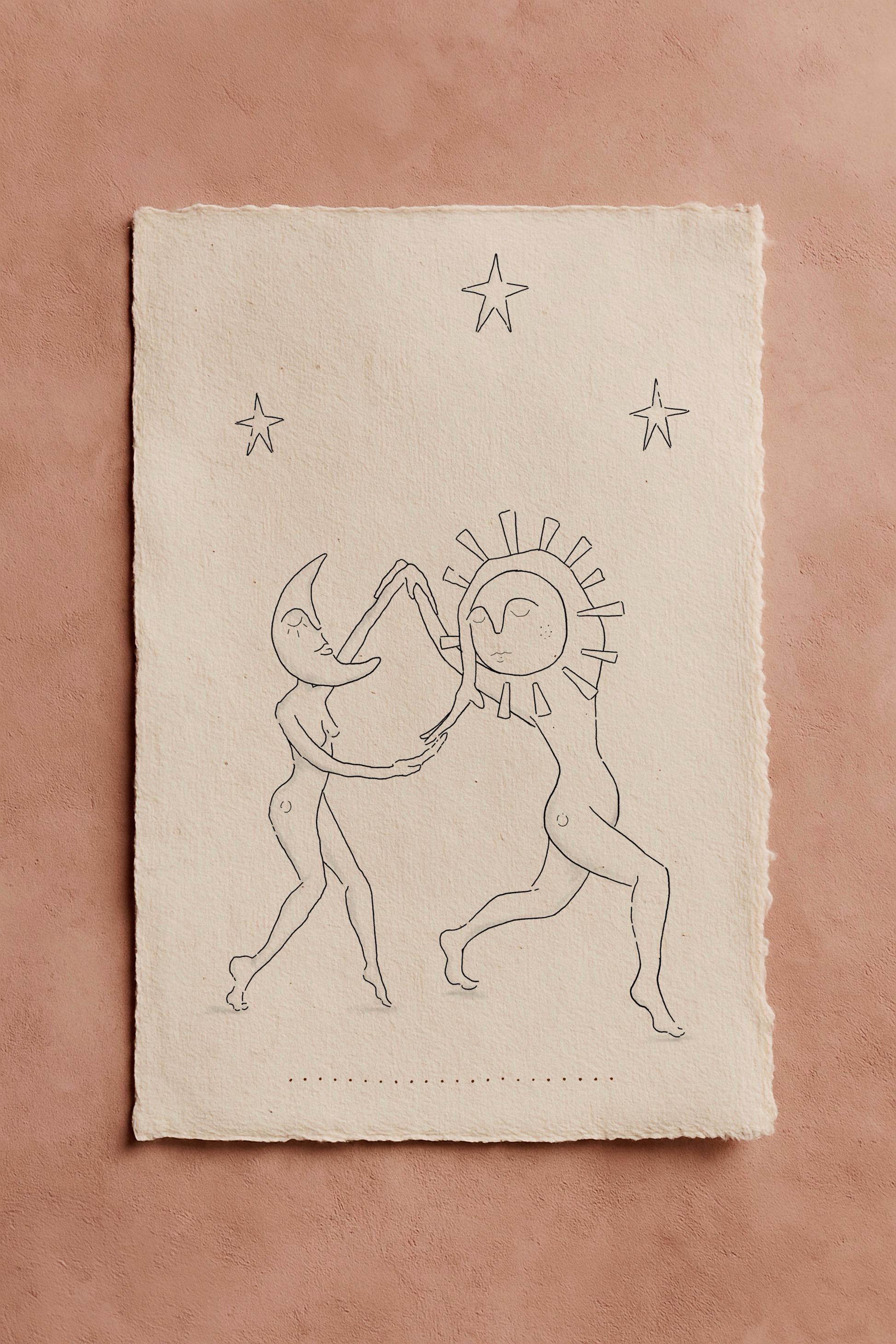 Fineline illustration of sun and moon figures dancing under stars on textured paper 