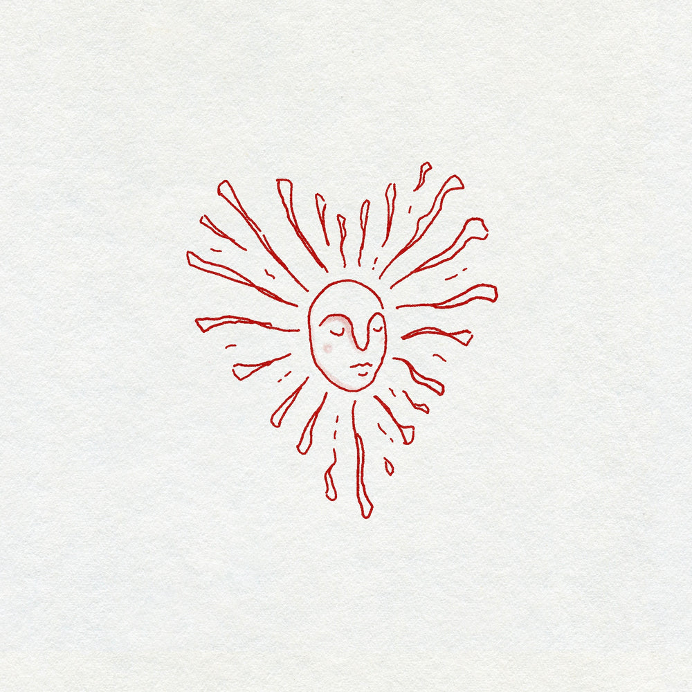 Red fineline drawing of a sun with a face in the shape of a heart on a white background