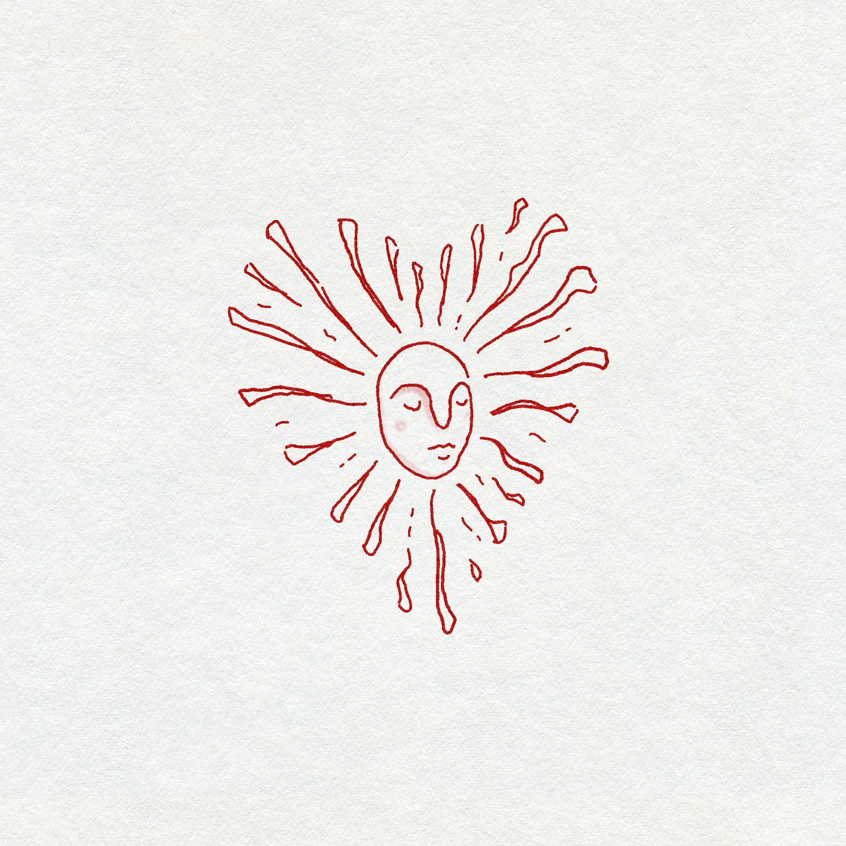 Red fineline drawing of a sun with a face in the shape of a heart on a white background