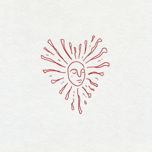 Red fineline drawing of a sun with a face in the shape of a heart on a white background