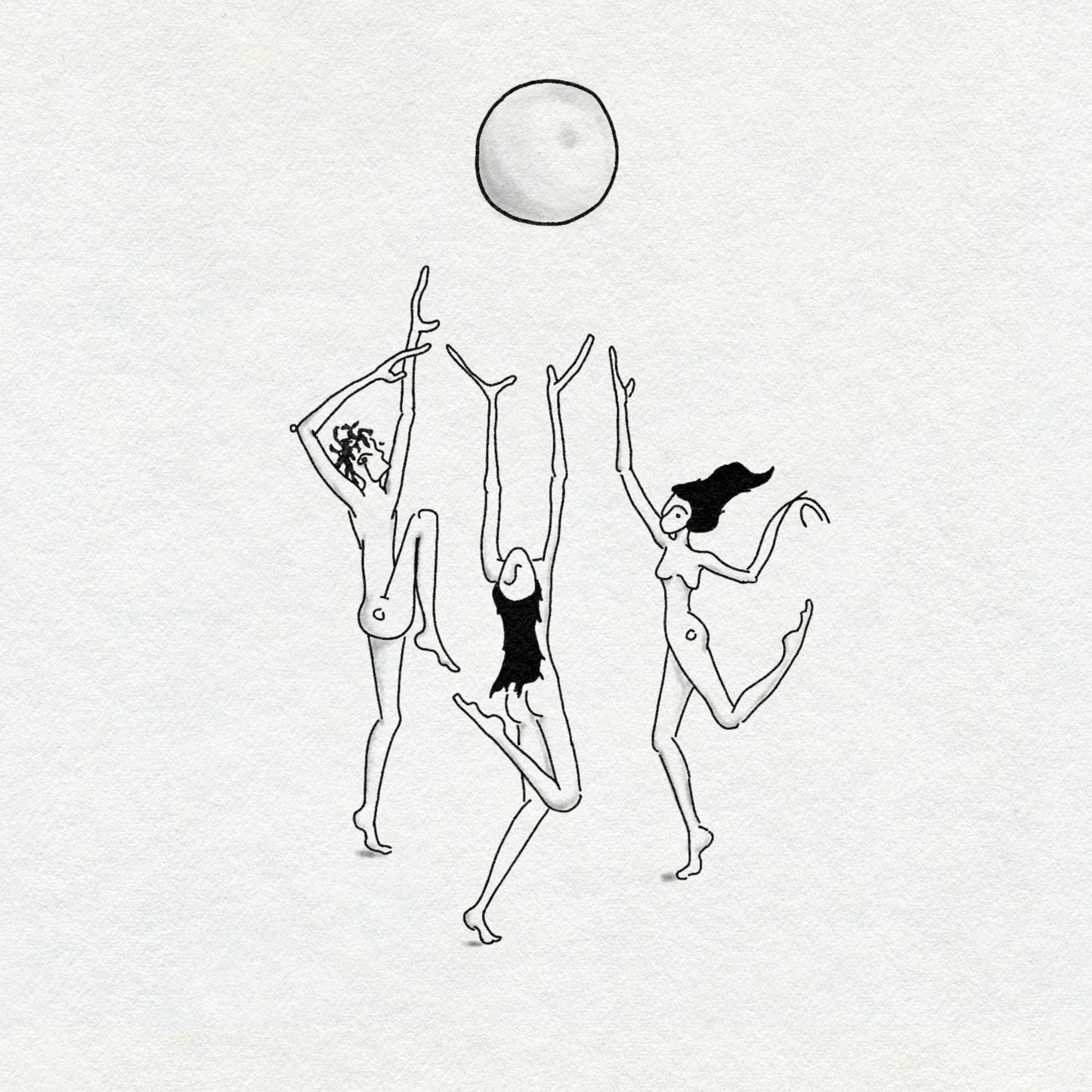 Black and white fine line illustration of three people dancing under a full moon