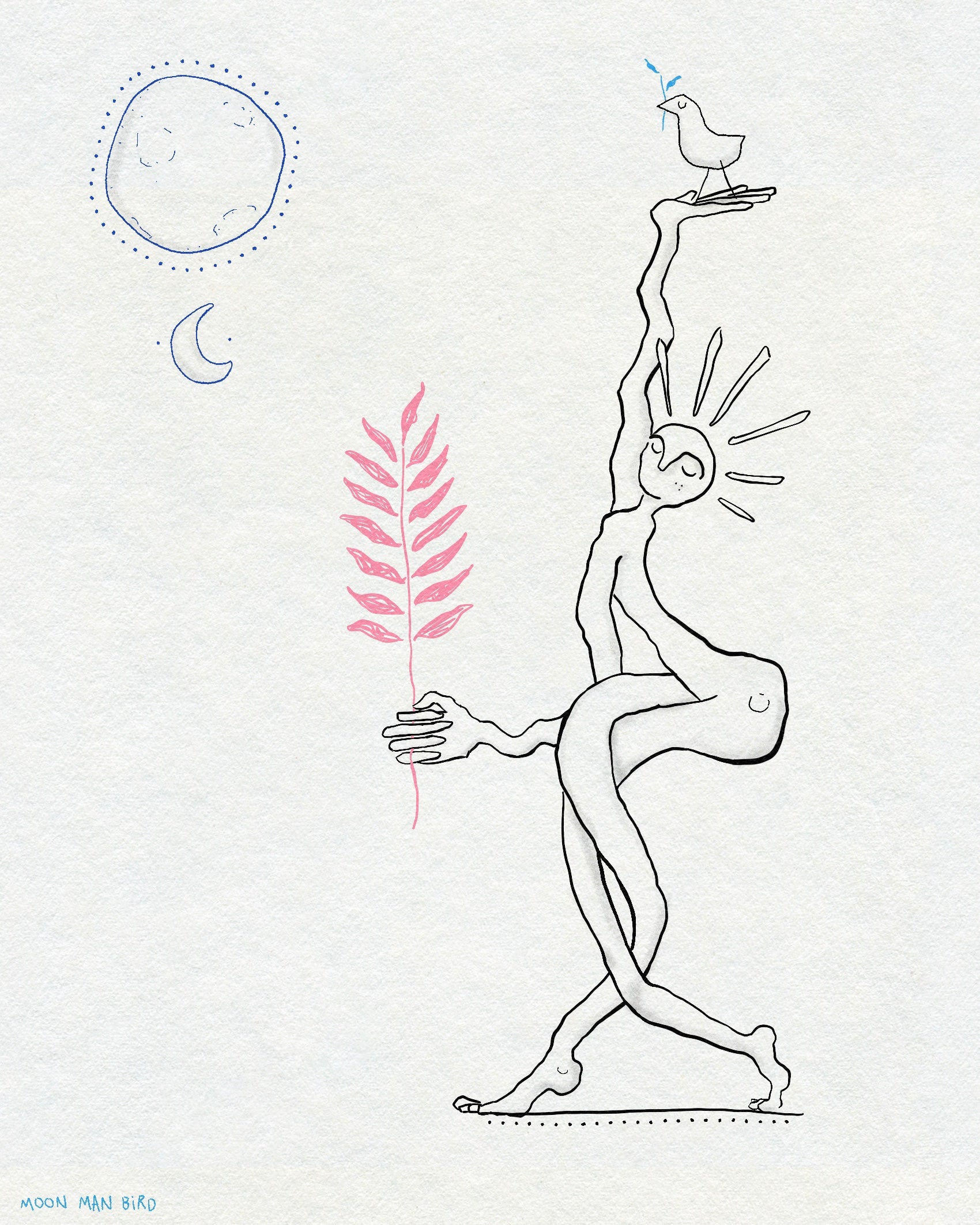 A fineline drawing of  figure with their legs crossed and sun rays coming out of their head. The figure is holding a small bird above them and a red plant in front of them. There is a full moon and crescent moon above them. In black ink on an off-white textured background.