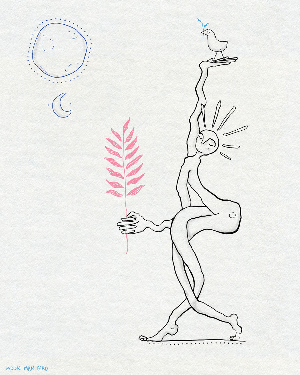 A fineline drawing of  figure with their legs crossed and sun rays coming out of their head. The figure is holding a small bird above them and a red plant in front of them. There is a full moon and crescent moon above them. In black ink on an off-white textured background.