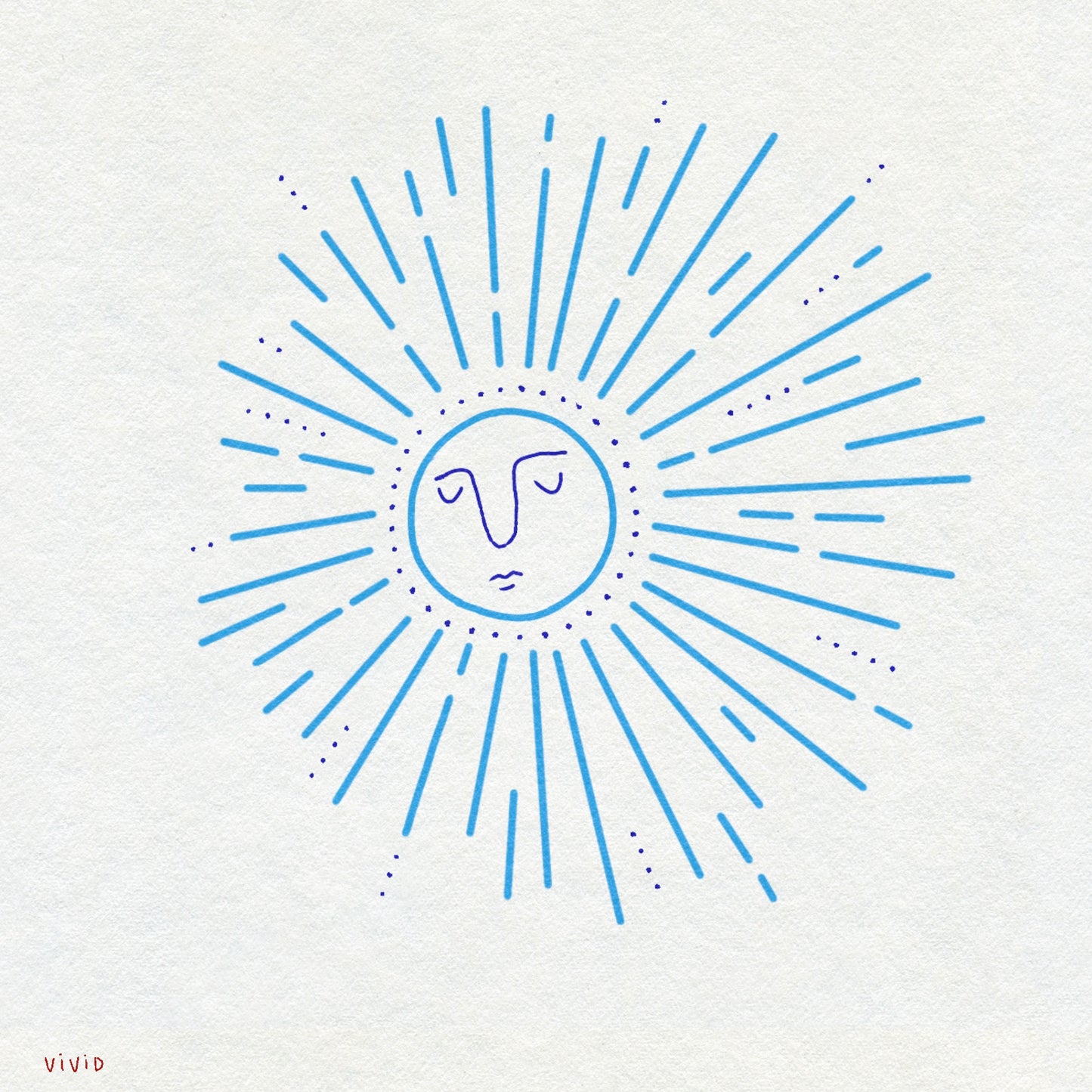 Blue bold linework sunburst design with a face in the center on a white background