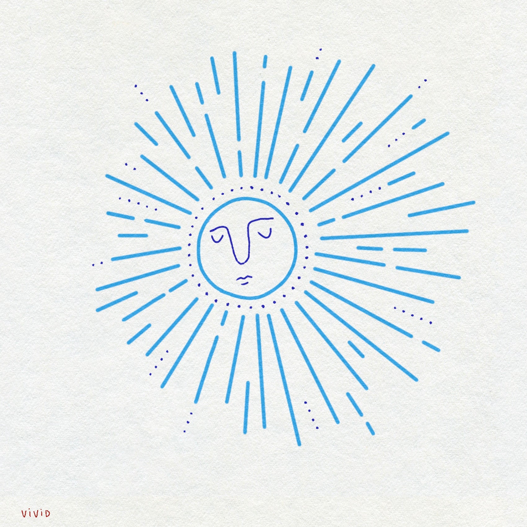 Blue bold linework sunburst design with a face in the center on a white background