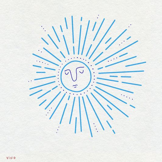 Blue bold linework sunburst design with a face in the center on a white background