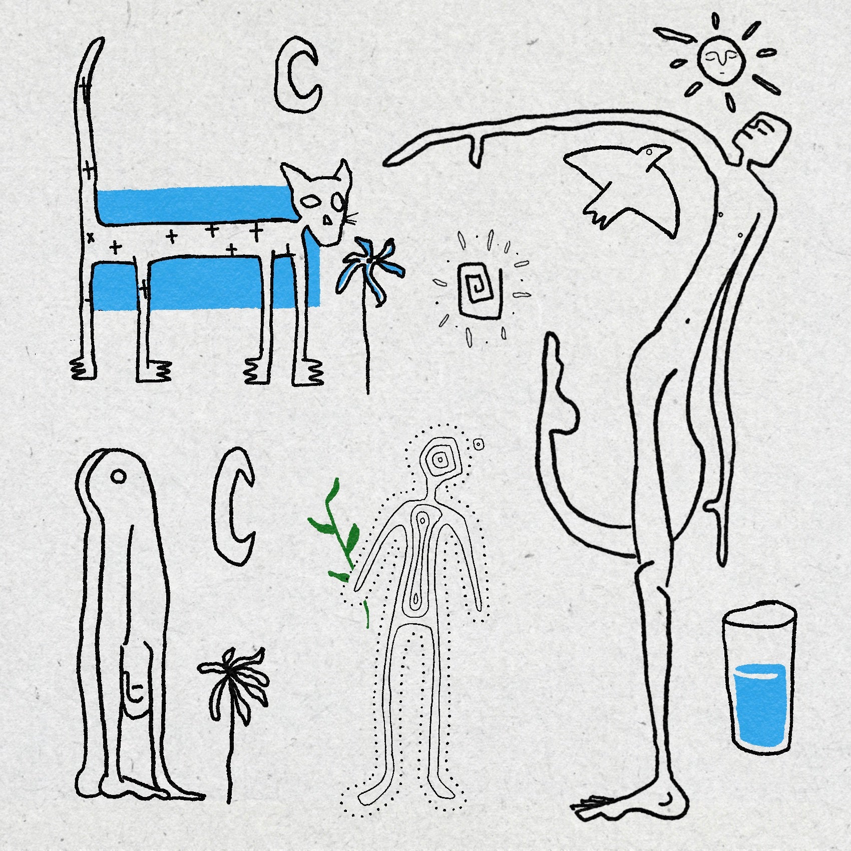 Collection of black line drawings of figures, a cat, suns, a bird, a glass of water, moons and flowers on a textured white background. The cat has a blue rectangle behind it. The bendy figures are made up of dots and lines.