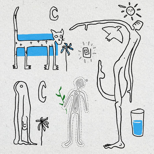 Collection of black line drawings of figures, a cat, suns, a bird, a glass of water, moons and flowers on a textured white background. The cat has a blue rectangle behind it. The bendy figures are made up of dots and lines.