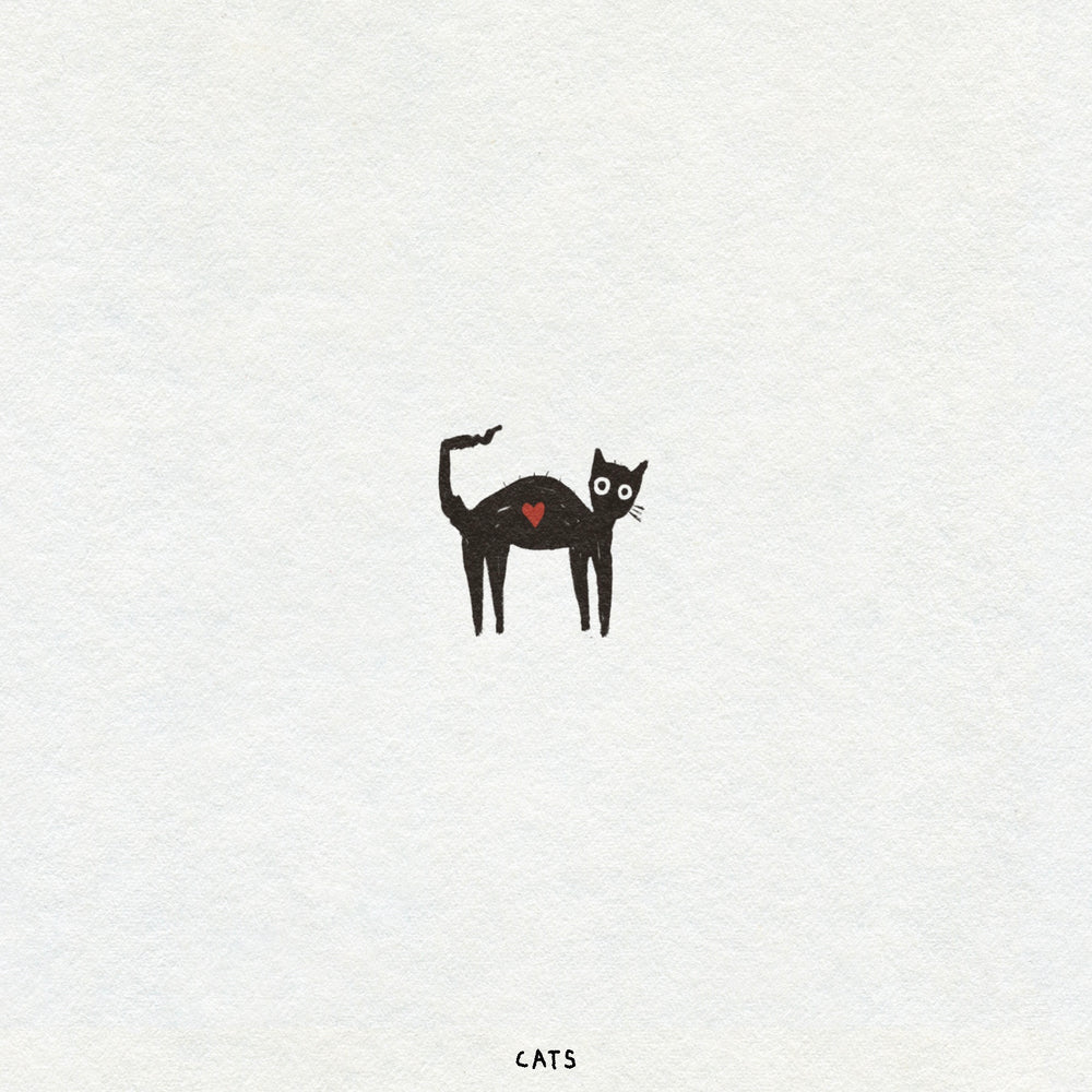 Blackwork illustration of a small cat with a red heart on a white background