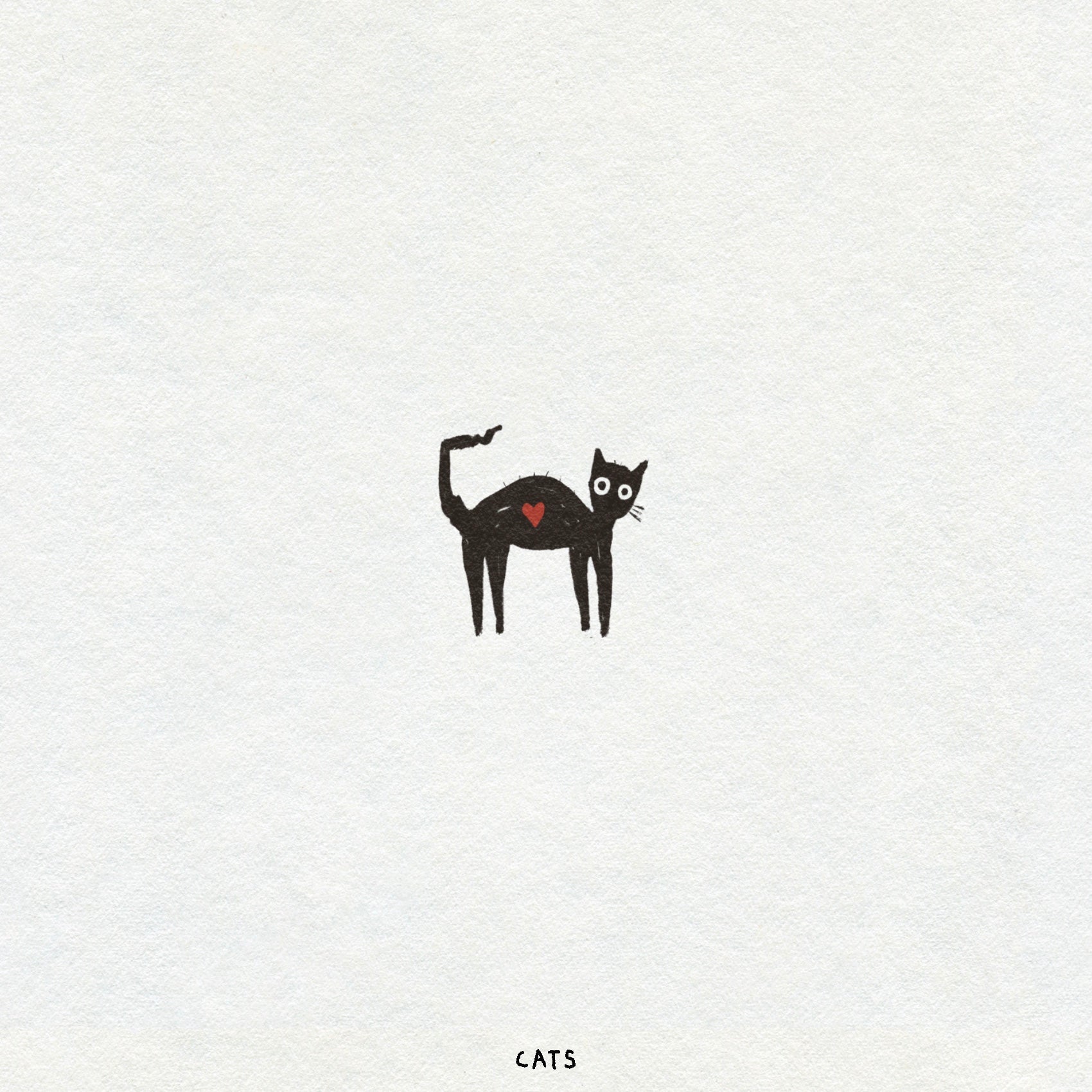 Blackwork illustration of a small cat with a red heart on a white background