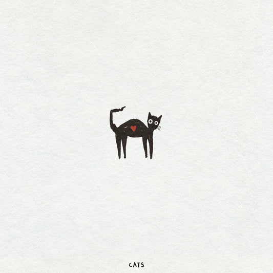 Blackwork illustration of a small cat with a red heart on a white background