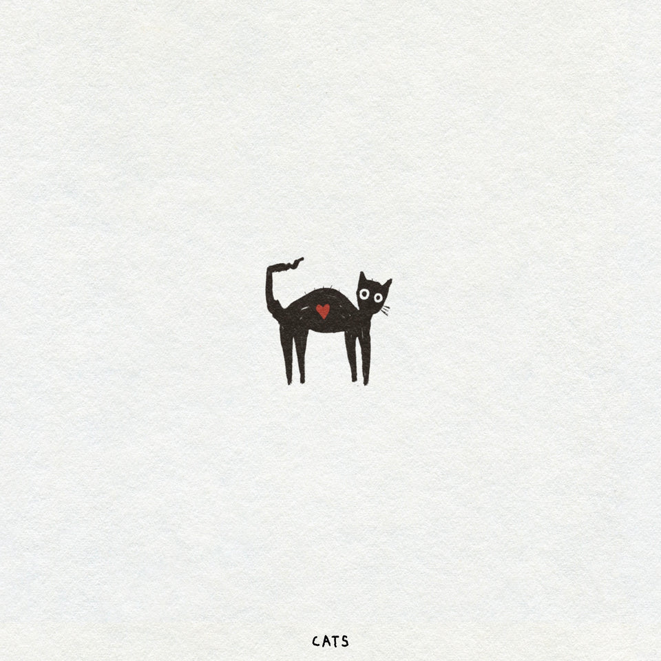 Blackwork illustration of a small cat with a red heart on a white background