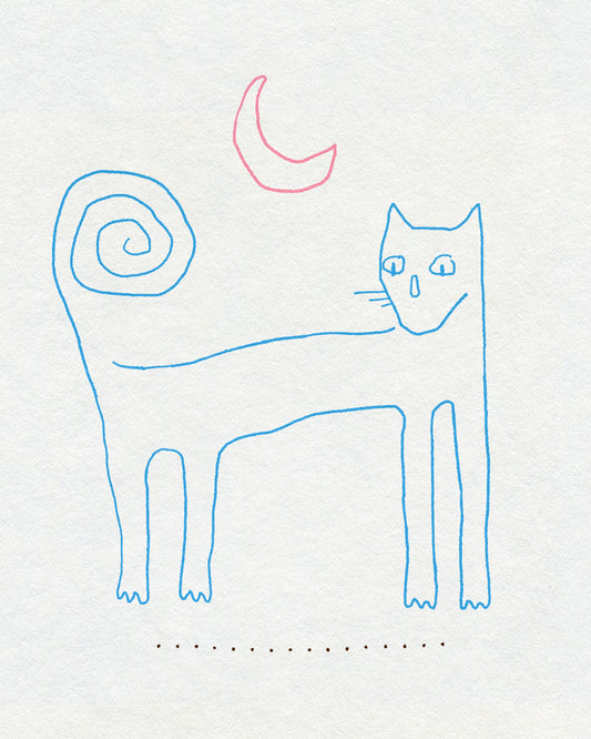 A minimalist fineline drawing of a cat and crescent moon. The cat is in blue ink and the moon is in pink. On an off-white textured background.