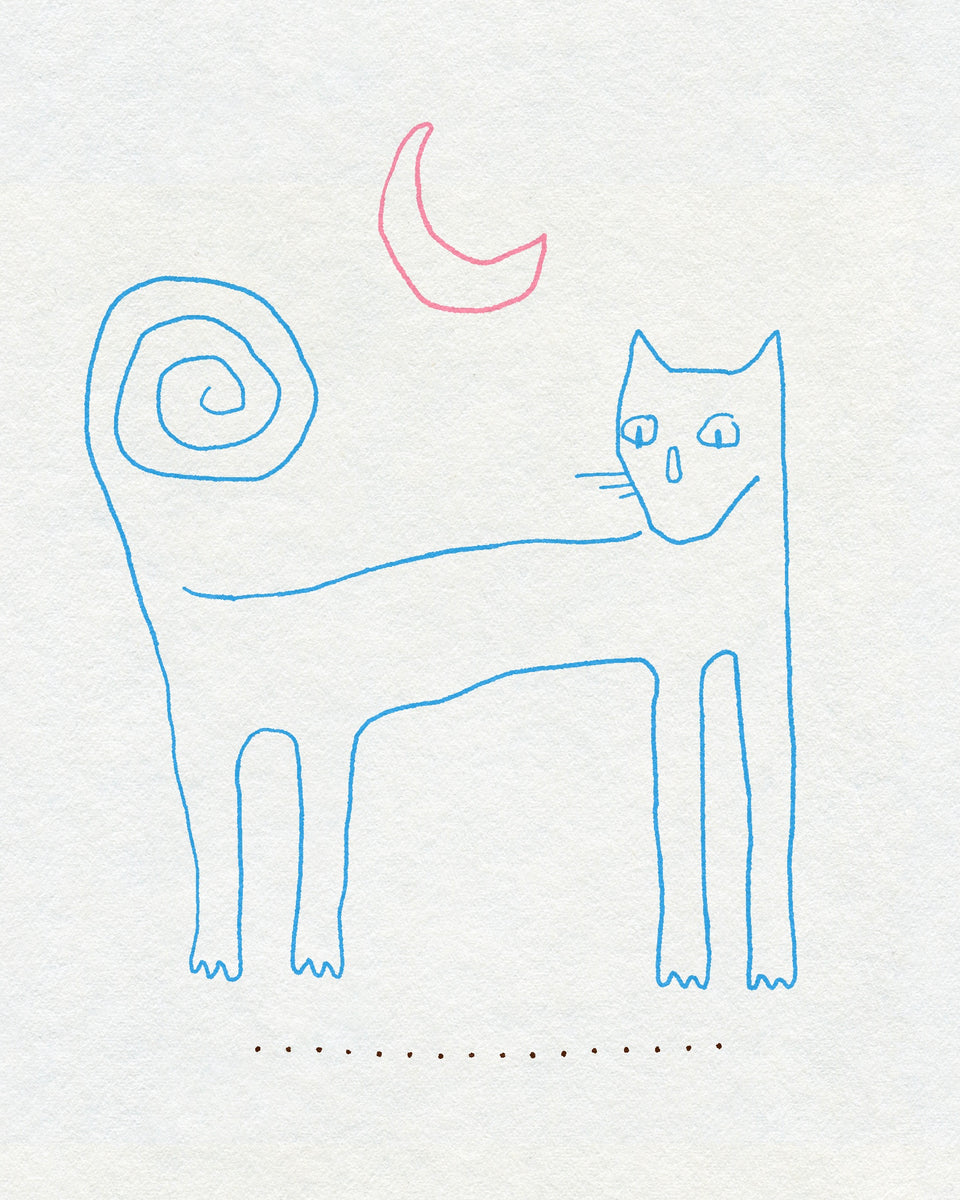 A minimalist fineline drawing of a cat and crescent moon. The cat is in blue ink and the moon is in pink. On an off-white textured background.