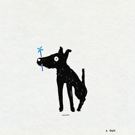 A textural drawing of a black dog sitting with a dainty blue flower it their mouth. The text underneath says A DOG